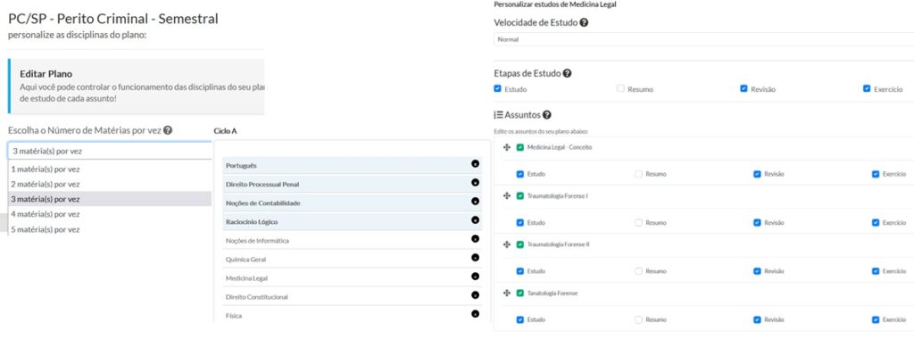 Imagem da plataforma exibindo as principais configurações e funcionalidades que podem ser feitas na plataforma para a Organização e Planejamento dos Estudos do aluno