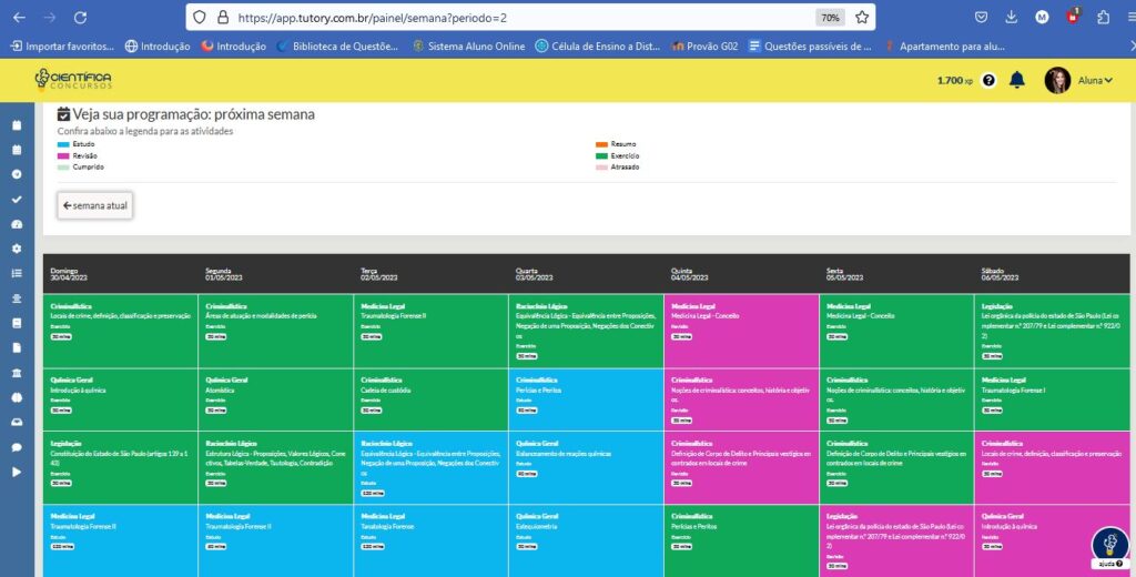 Plataforma da Científica Concursos mostrando como é feita a Organização e Planejamento dos Estudos do aluno e apresentando as metas de estudo semanais do aluno