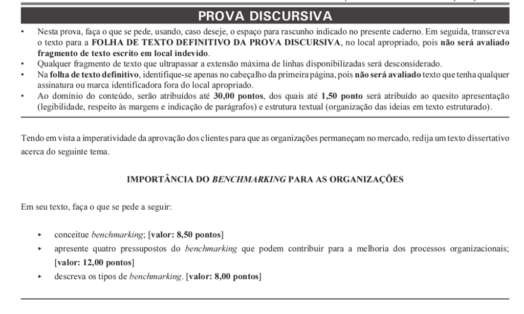 Estrutura da prova discursiva de analista técnico administrativo em 2015 no concurso MPO. 