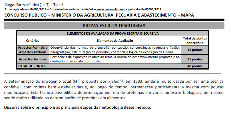 Prova discursiva Auditor Farmacêutico do MAPA