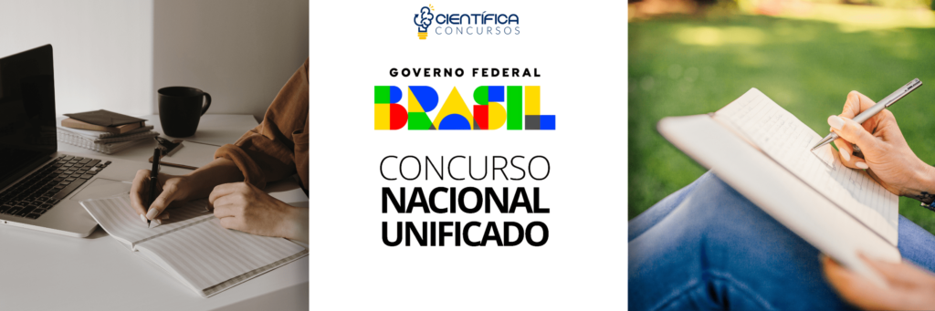 Candidatos estudando para o Concurso Nacional Unificado Bloco 8 CNU em ambientes internos e ao ar livre.