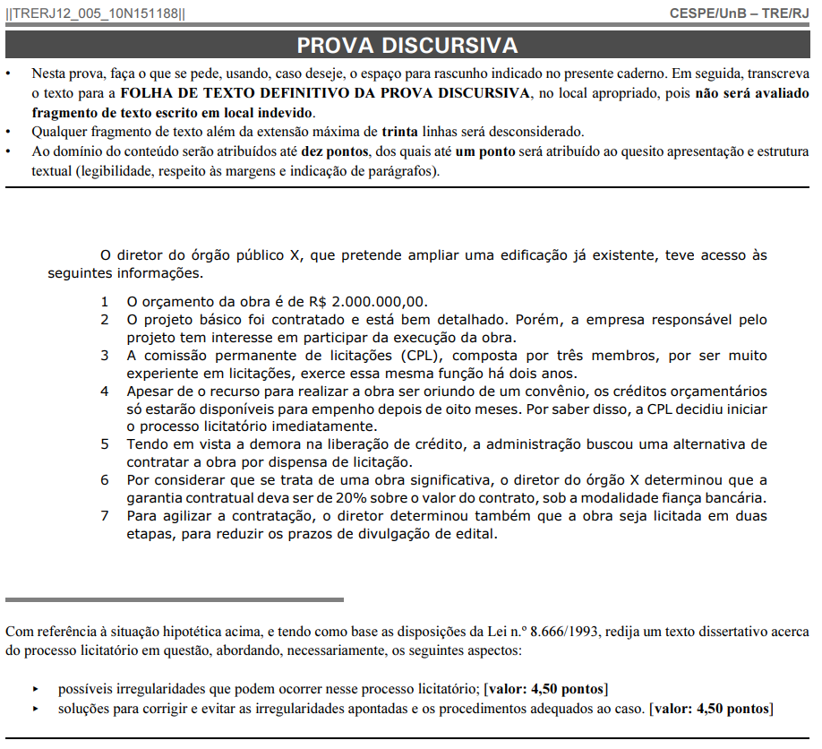 Tema da Prova Discursiva TRE-RJ 2012 especialidade Engenharia Civil