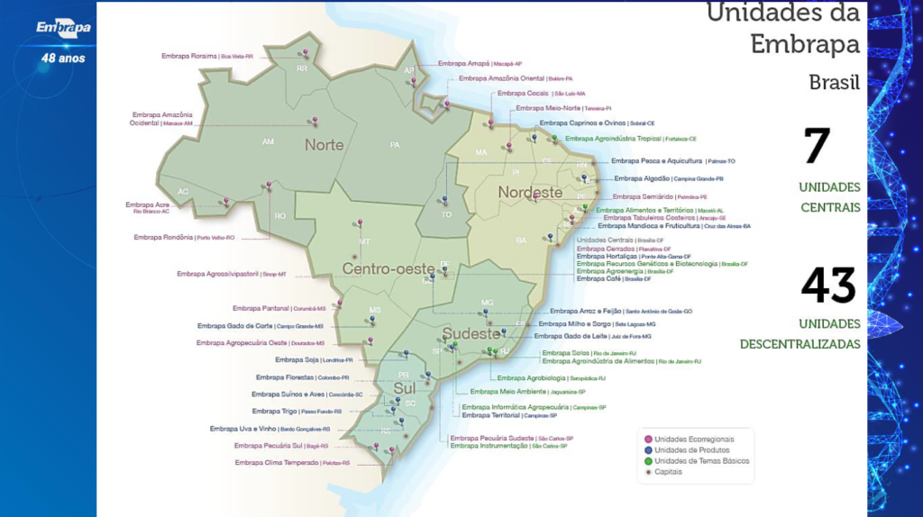 Mapa do Brasil com a indicação de todas as unidades da EMBRAPA e que devem disponibilizar vagas no concurso EMBRAPA