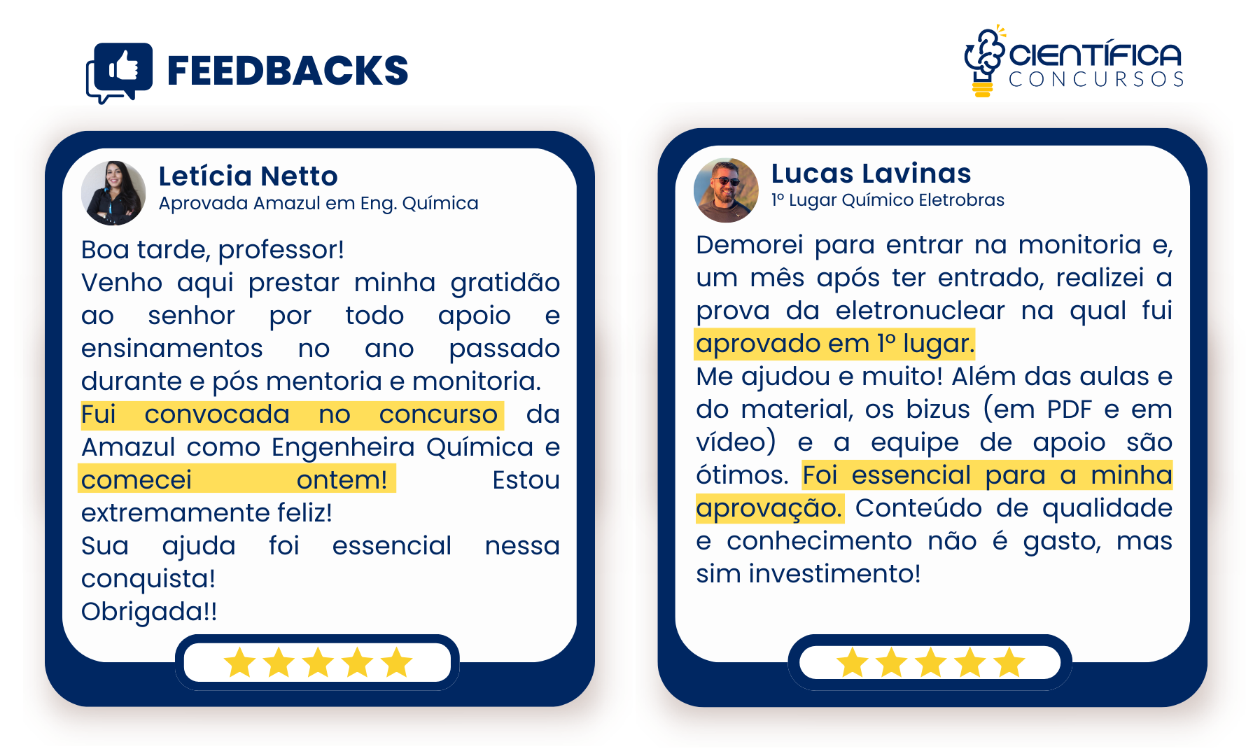 Feedbacks dos alunos da mentoria da Científica Concursos - Químico na Embrapa