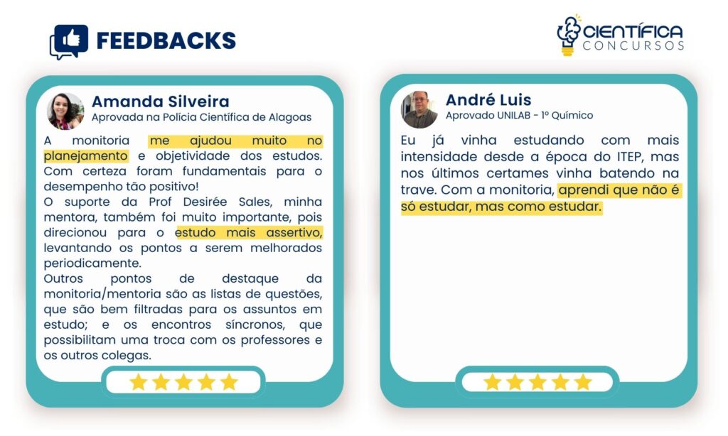 Feedbacks de alunos da Mentoria e Monitoria da Científica aprovados em excelentes posições