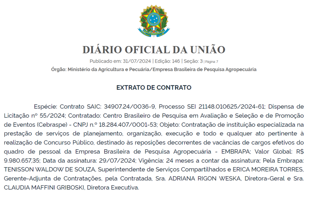 Extrato de contração do CESPE/CEBRASPE para realização do concurso EMBRAPA