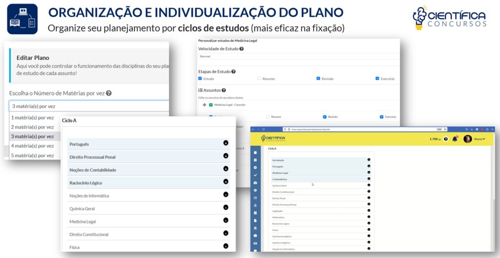 Janelas que permitem editar plano, ciclo de estudo, ordem de estudo, disciplinas e metas de revisão e exercícios em como se preparar para Analista e como se preparar para Pesquisador