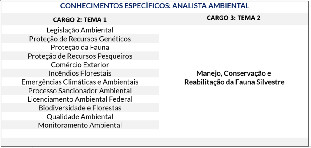 Tabela contendo os temas da prova específica para analista ambiental