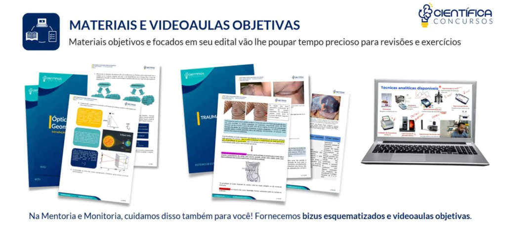 Imagem ilustrativas dos materiais em pdf (roteiros e bizus) e videoaulas disponibilizados na mentoria e monitoria para o concurso Perito Criminal PCDF
