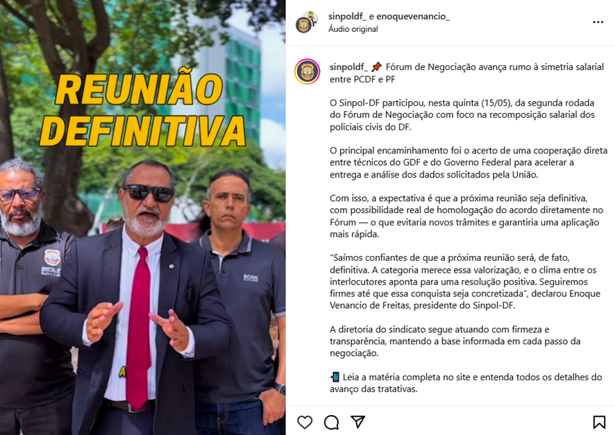 notícia divulgada pelo Sinpol-DF sobre o andamento das negociações do reajuste salarial da PCDF