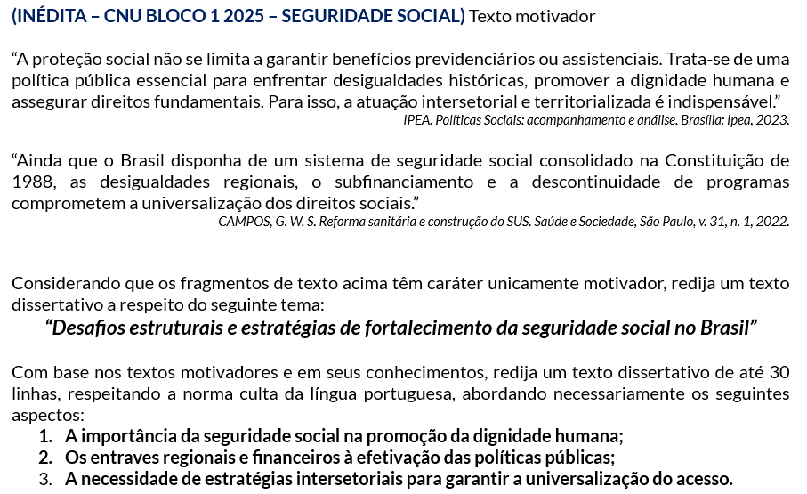 enunciado da inédita discursiva do bloco 1 do CNU
