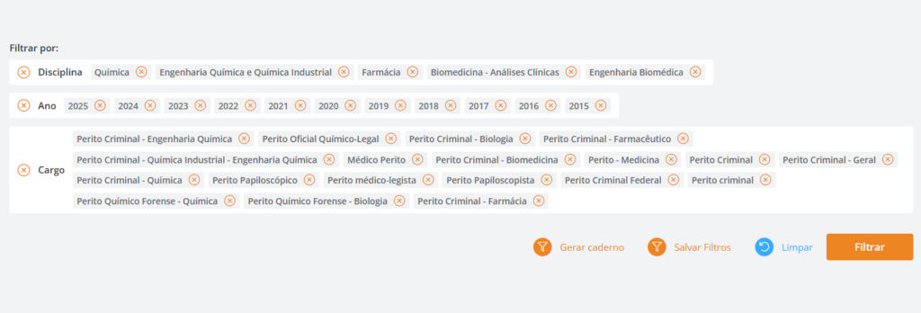 Filtros aplicados no Qconcursos para localizar questões dos últimos 10 anos aplicadas em provas para Perito Criminal das áreas de Química de Farmácia, auxiliando em Como estudar Perito Criminal Química SC